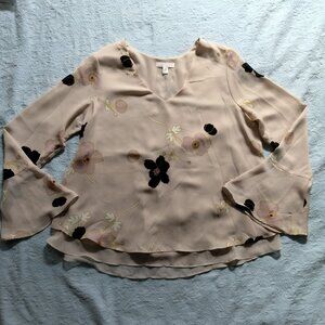 LC Lauren Conrad Floral Long Bell Sleeve V Neck Blouse Peach Women's Size M